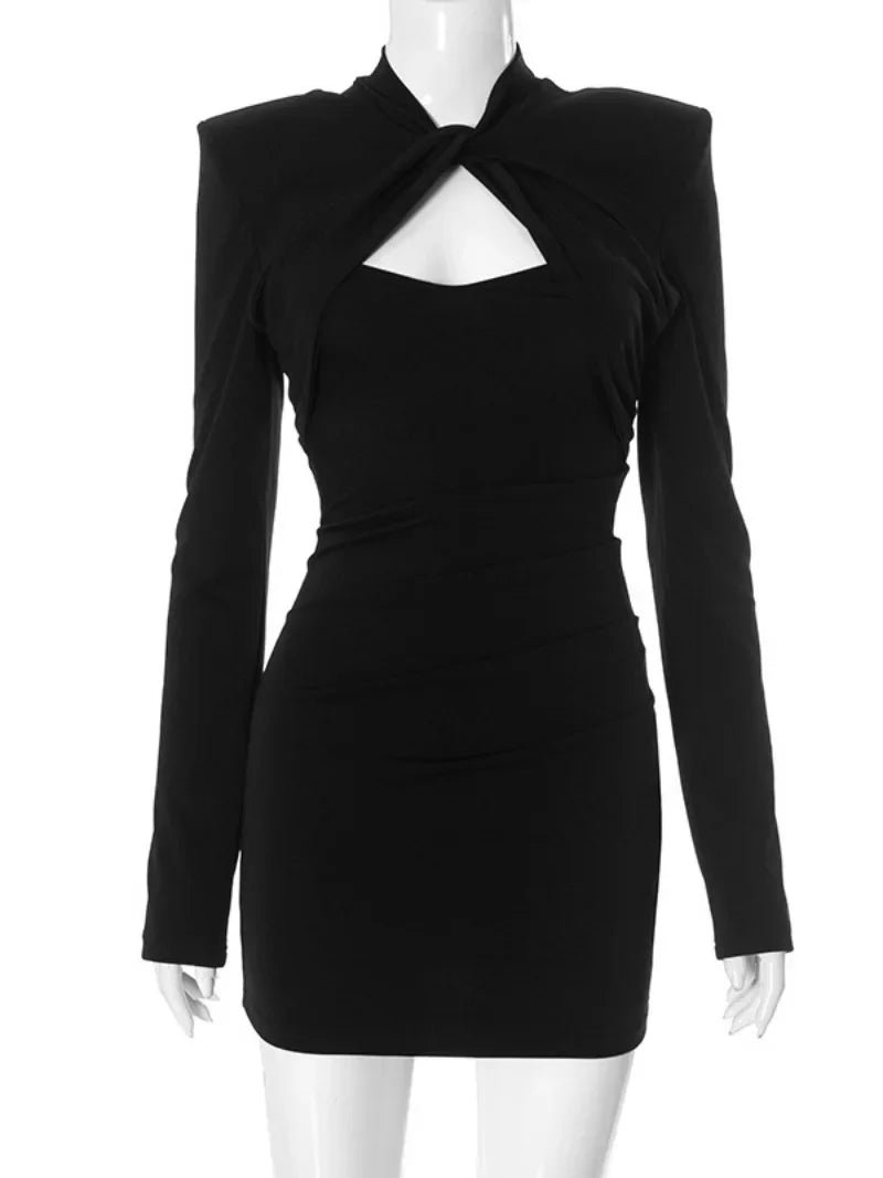 Fashion Tie Knot Shoulder Pad Black Hollow Out Short Dress