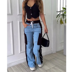 Women High Waisted Baggy Casual Patchwork Cargo Jeans with Lace-Up