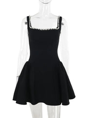 Womens Elegant Black A-line Beaded Party Dress with Square Collar