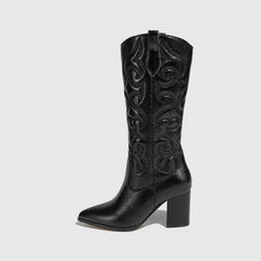 Women's Black Pointed Toe Embroidered Western Mid-Calf High Heel Boots