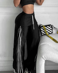 Striped Wide Leg Casual Sports Pants with Side Zipper and Drawstring