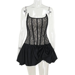 Elegant Black Lace Mini Dress with Flared Skirt and Spaghetti Straps