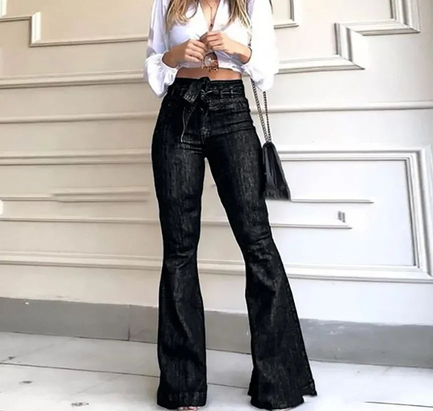 High Waisted Flare Pants with Zipper Fly and Pockets