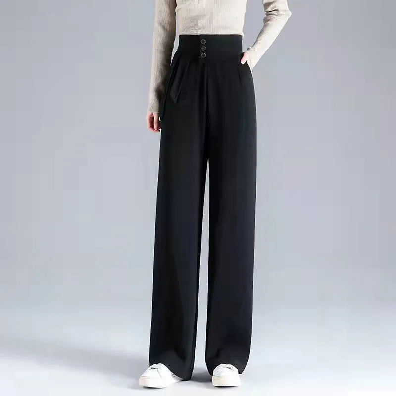 Office Lady Solid Color Loose High Waist Wide Leg Trousers