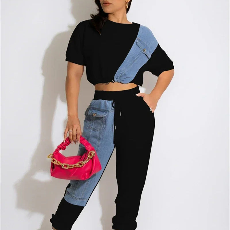 Women's Denim Patchwork Two Piece Tracksuit Set with Jogger Pants