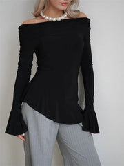 Women's White Ruffled Long Sleeve Backless Casual T-Shirt Top