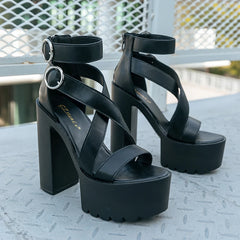 Women's Black Waterproof Platform Chunky Heel Sandals