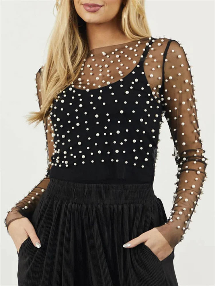 Elegant Sheer Lace Mesh Crop Top with Pearls for Women