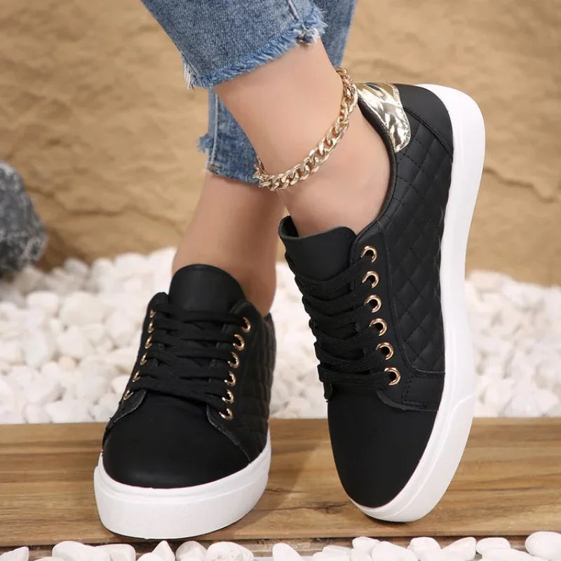 Women's Black Lace-Up PU Leather Sneakers for Casual Style