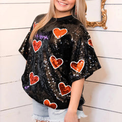 Women's Summer Casual Half Sleeve Sequins Heart T-Shirt