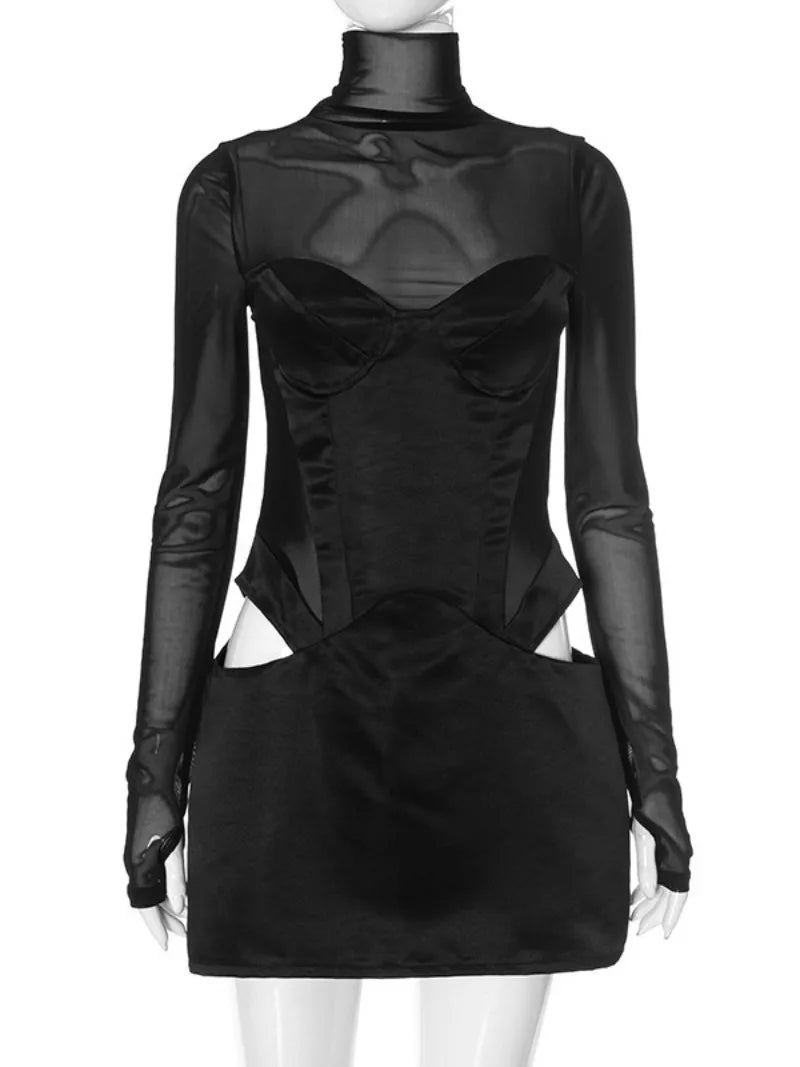 Women's Black Turtleneck Mesh Patchwork Long Sleeve Dress
