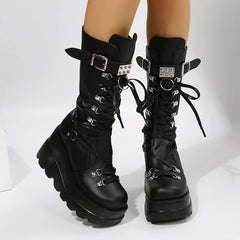 Women's Black Goth Platform Motorcycle Combat Boots with Rivets