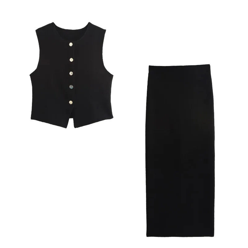 Women's Knitted Long Skirt Suit with Vest Top and Slit High Waist