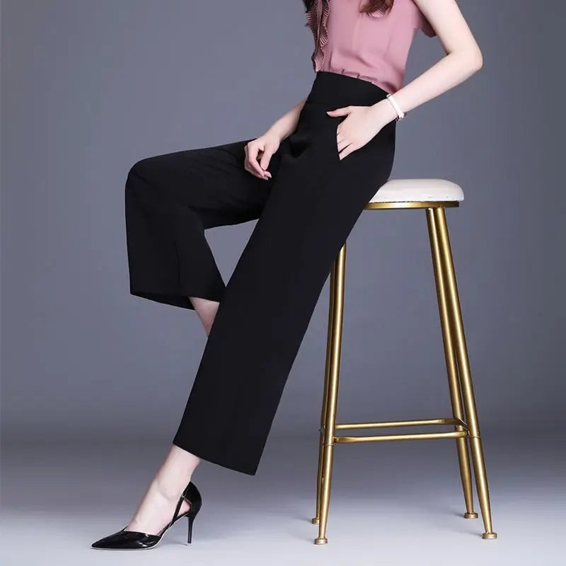 Pantalon taille haute à jambe large pour femme de bureau toutes saisons en noir 