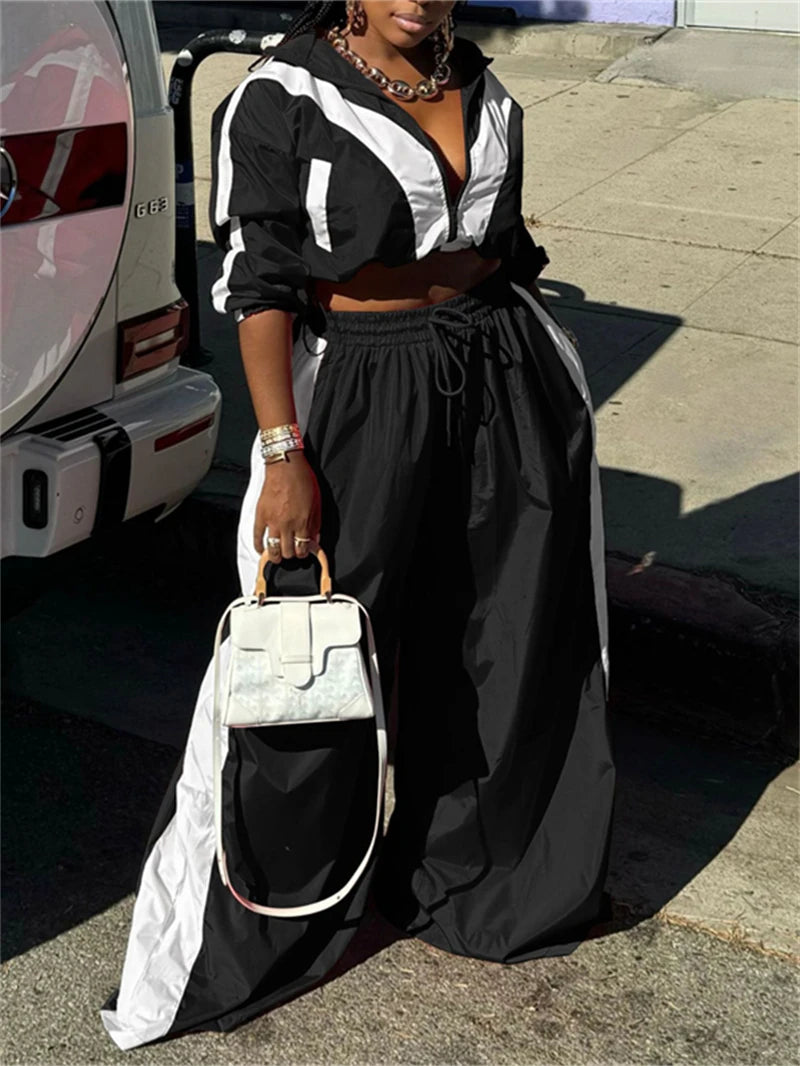 Street Colorblock Loose Crop Top and Wide Leg Pants Set for Women