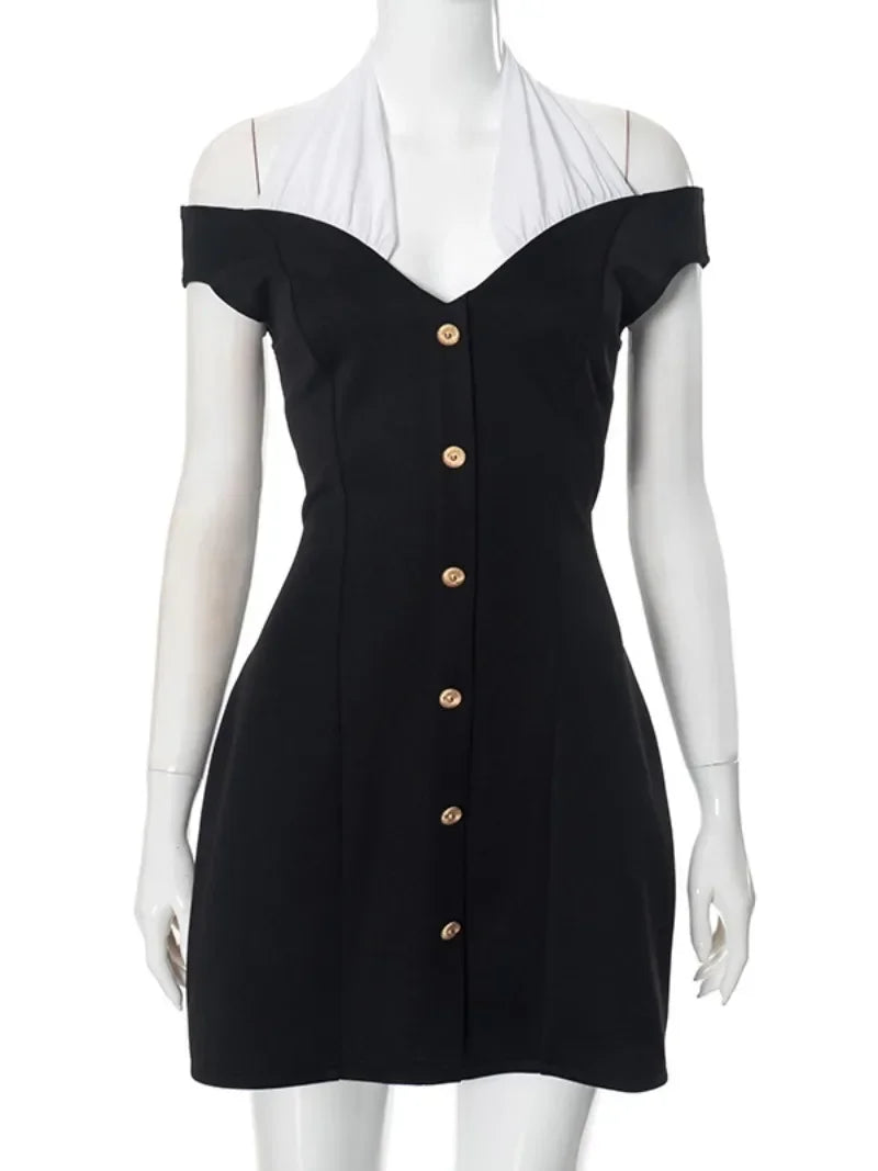 Halter Neck Backless Black and White Patchwork Evening Dress
