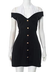 Halter Neck Backless Black and White Patchwork Evening Dress