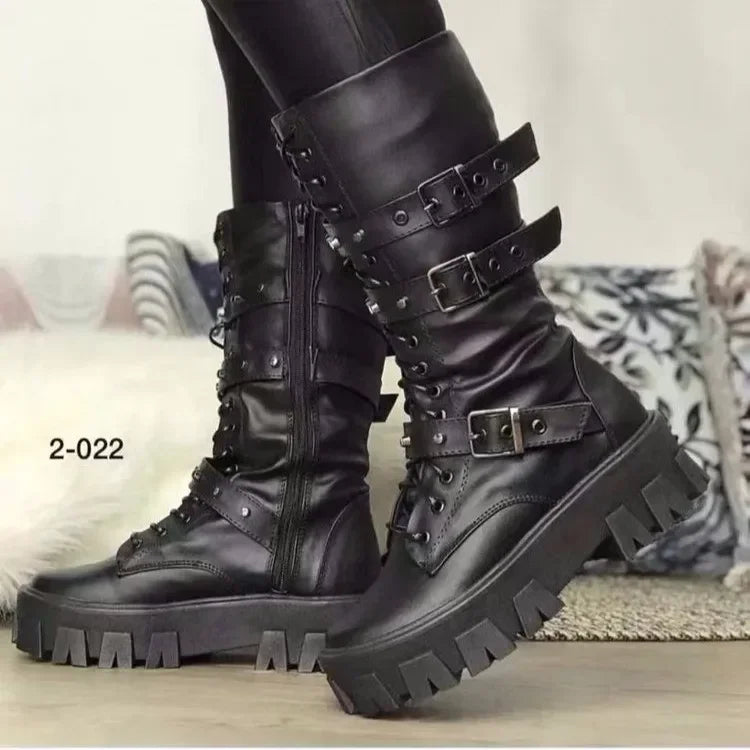 Bottes longues noires à talons mi-hauts Punk Knight pour femmes 