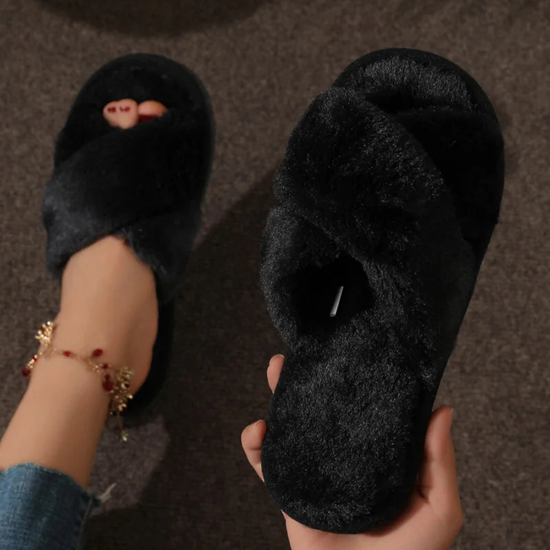 Women's Soft Plush Cross Strap Fur Slippers for Indoor Comfort