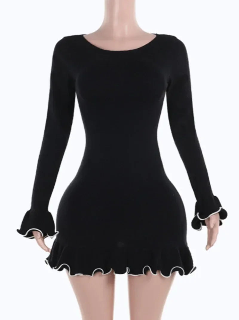Elegant Black Ruched Bodycon Sweater Dress with Ruffles