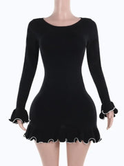 Elegant Black Ruched Bodycon Sweater Dress with Ruffles
