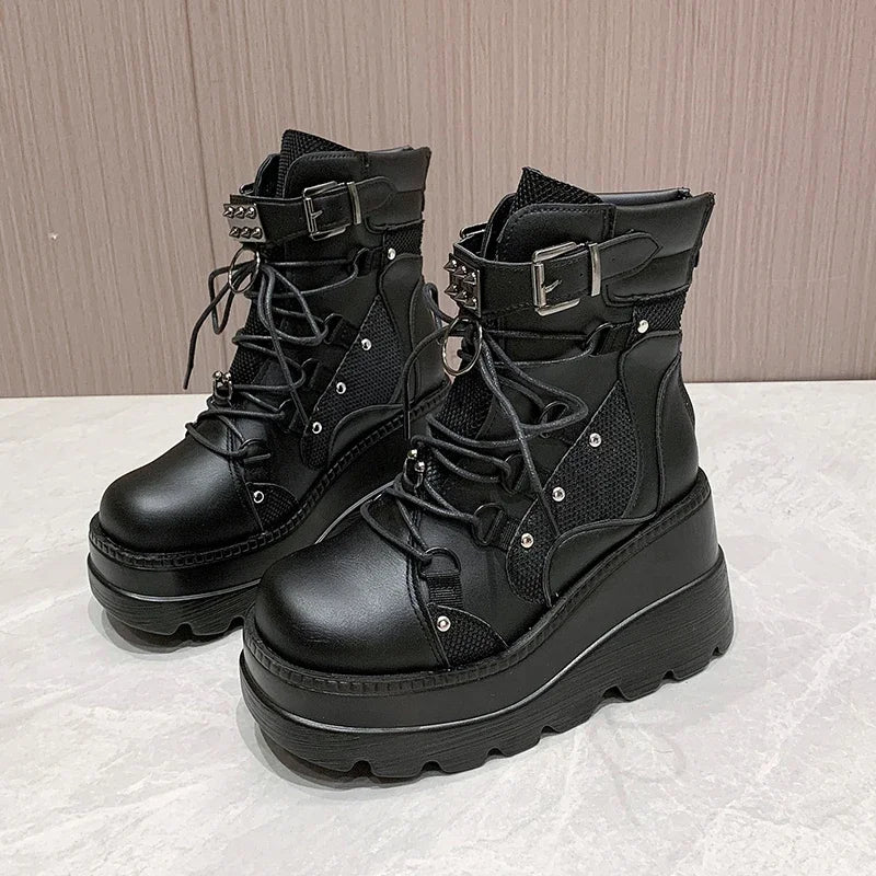 Bottines noires à plateformes compensées pour femmes, chaussures de cosplay à talons hauts 