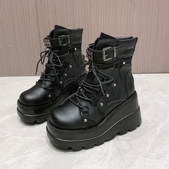 Women's Black Ankle Boots Platform Wedges High Heels Cosplay Shoes