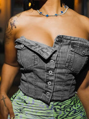 Summer Denim Tube Top – Button-Up Strapless Crop for Party & Casual Wear