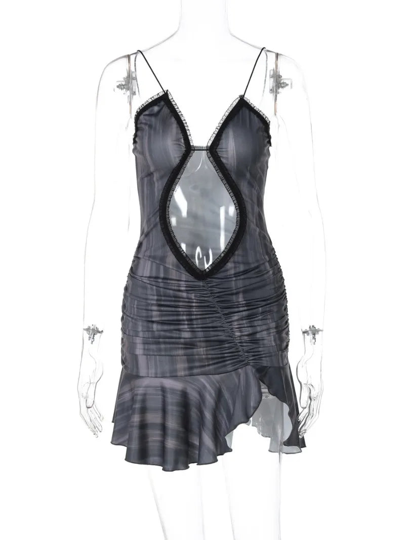 V-Neck Spaghetti Strap Ruched Mini Dress for Holiday Beach Style