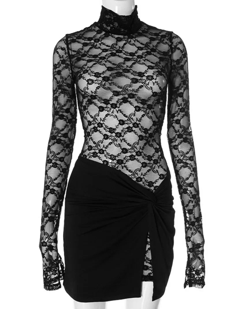 Women's Black Long Sleeve Lace Dress Set with Skirt and Bodycon Fit