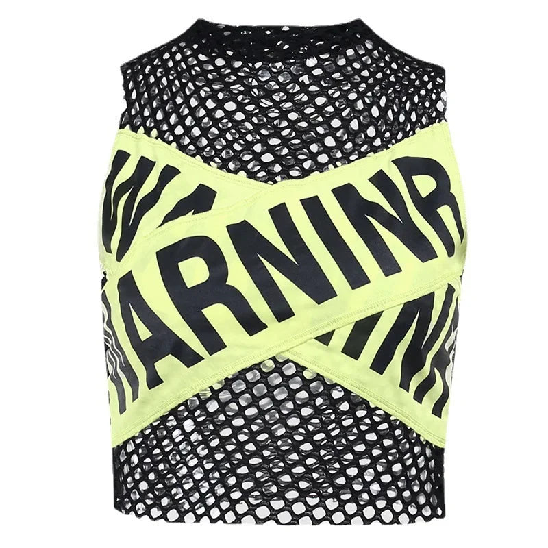 Women's Mesh Hollow Out Warning Letter Patchwork Crop Top Vest