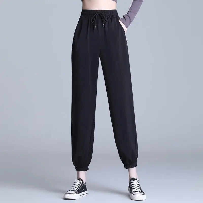 Ice Silk Satin Loose Sports Pants for Women with Pockets and Drawstring