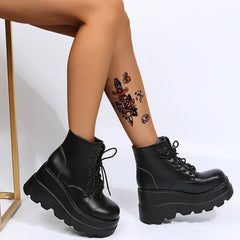 Women's High Top Black Lace Up Thick Sole Ankle Boots