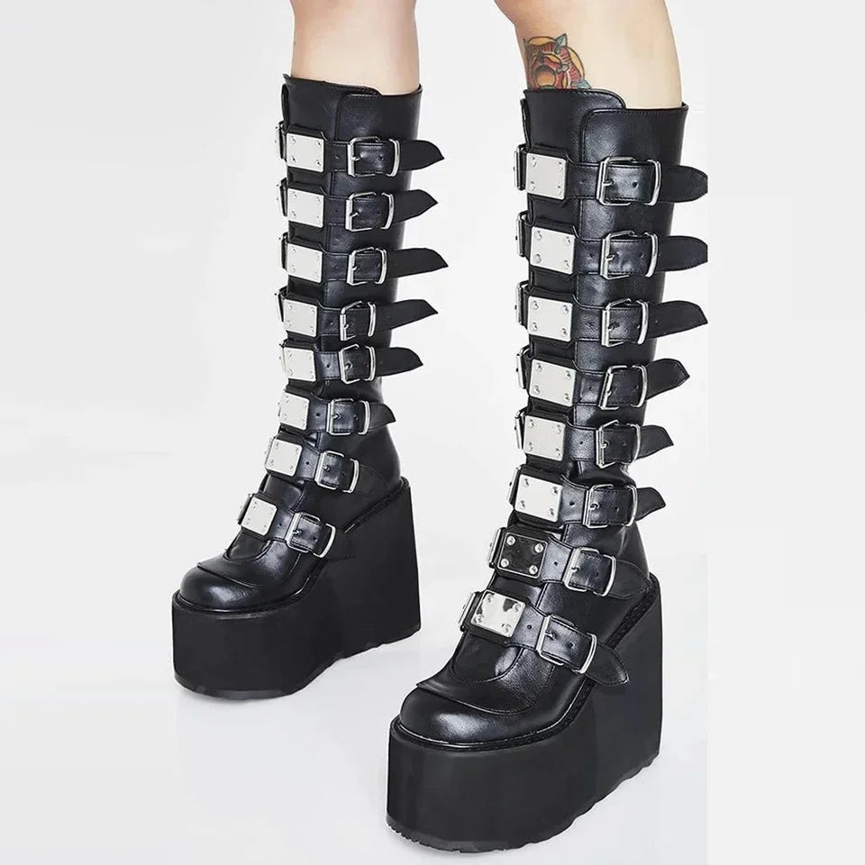 Women's Black High Heel Platform Wedge Gothic Knee-High Boots