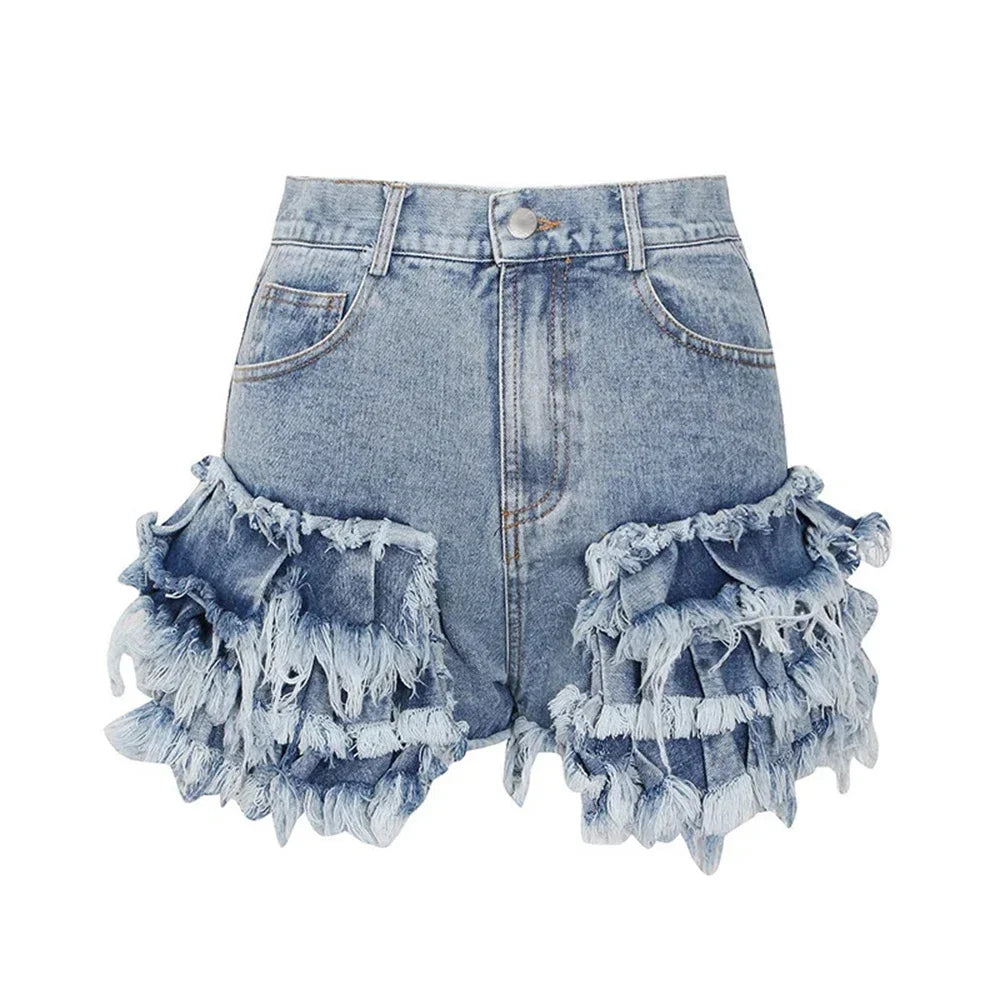 Short en jean taille haute à franges et patchwork uni pour femme 