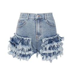 Women's High Waist Solid Patchwork Tassel Denim Shorts