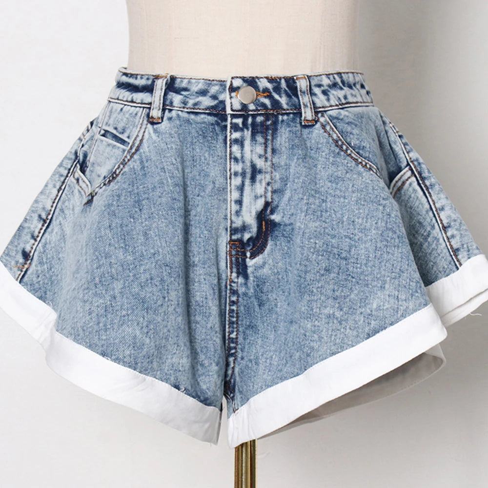 Short en jean taille haute à imprimé patchwork avec poches pour femme 