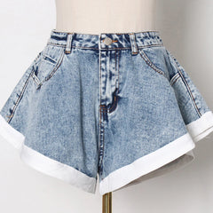 High Waist Solid Patchwork Denim Shorts with Pockets for Women