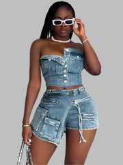 Women's Denim Stretch Irregular Shorts and Tube Top Set