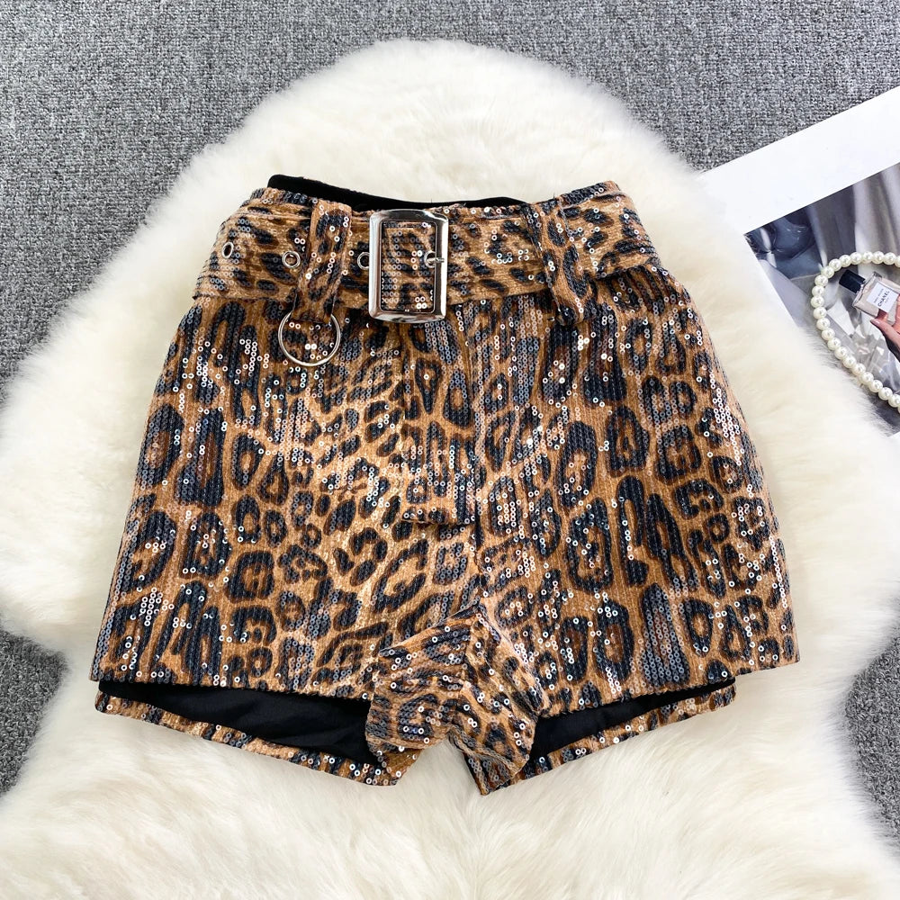 Winter Leopard Print High Waist Casual Wide Leg Thermal Shorts