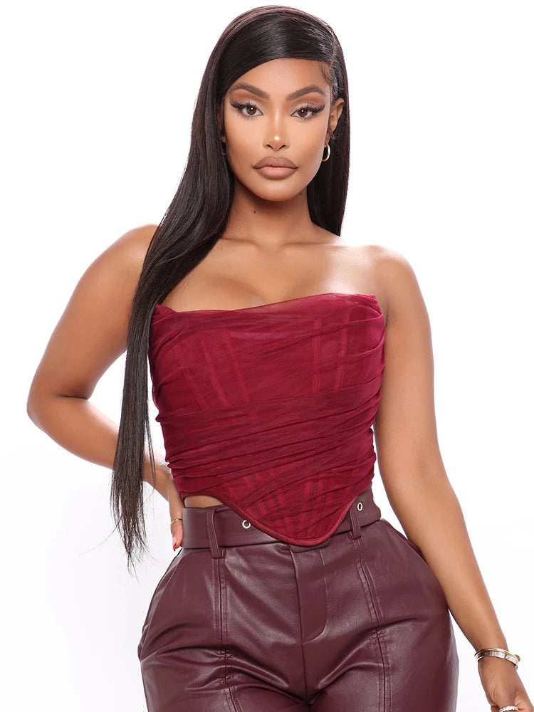 Elegant Strapless Bustier Corset – Mesh Backless Crop Top with Zipper Closure