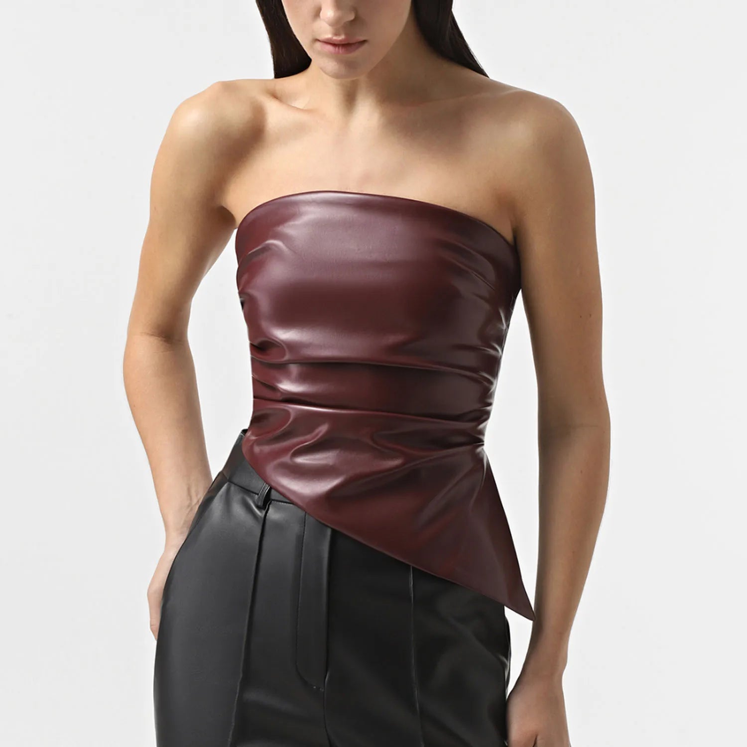 PU Leather Ruched Asymmetrical Camisole – Strapless Backless Party Top