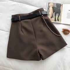 Women's Casual Elegant Woolen Shorts with Belt in Autumn Style