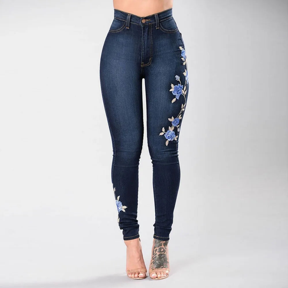 Women's High Waist Embroidered Slim Stretch Denim Pencil Pants