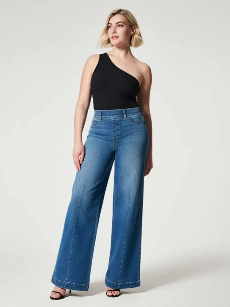 Pantalon large en denim taille moyenne extensible pour femme Pantalon décontracté 