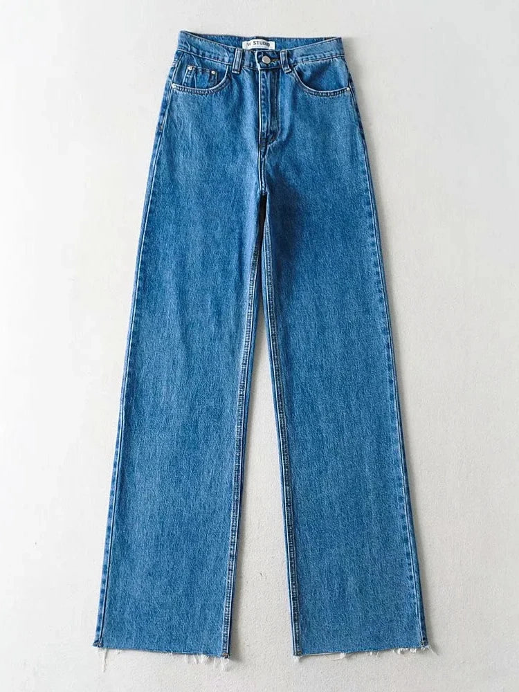 Jean ample taille haute en denim à jambe droite pour femme