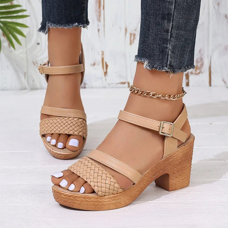 Women's Weave High Heels Sandals Thick Platform Ankle Strap Shoes