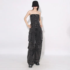 Solid Patchwork Pocket Casual Denim Jumpsuit for Women Strapless