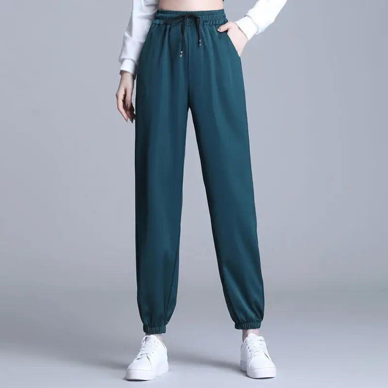 Ice Silk Satin Loose Sports Pants for Women with Pockets and Drawstring