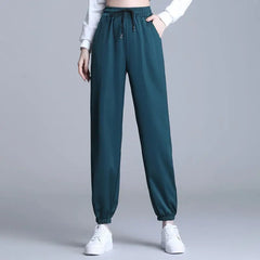 Ice Silk Satin Loose Sports Pants for Women with Pockets and Drawstring